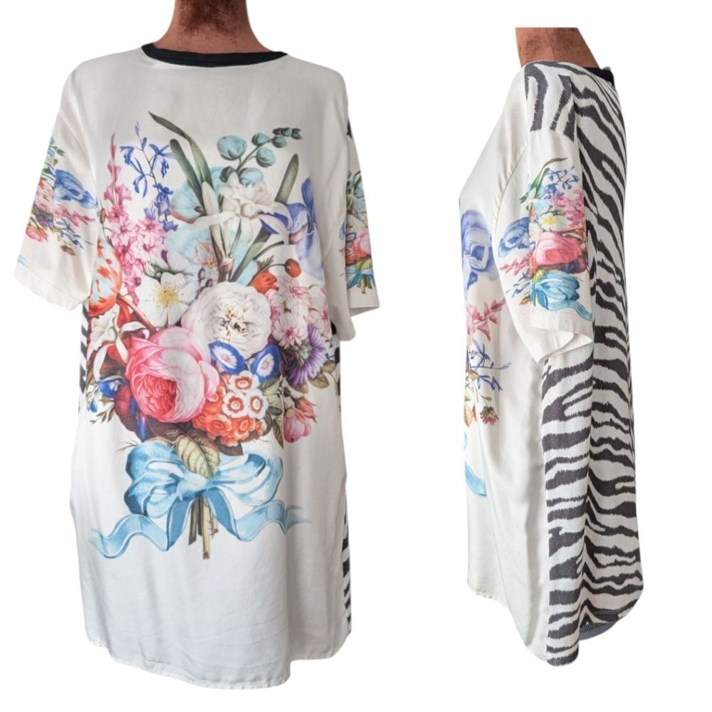 Emanuel Ungaro Floral Bouquet Mixed Zebra Print Shirt Dress Size M